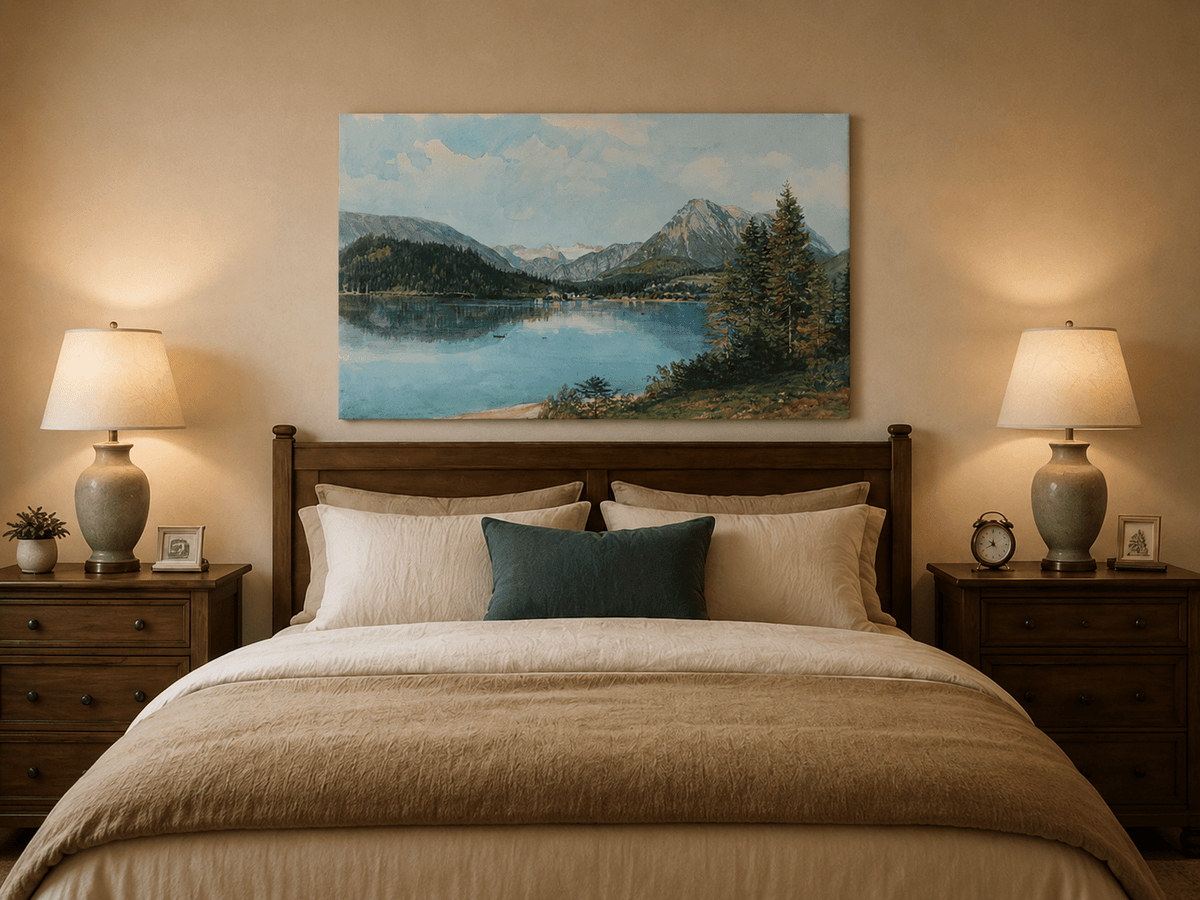 Landscape Oil Painting - Alpine Lake with Pine Trees and Peaks
