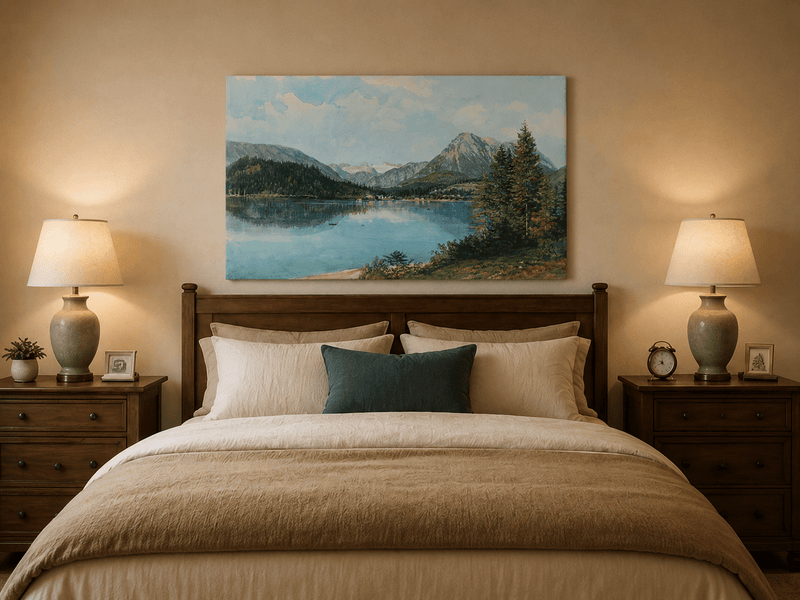 Landscape Oil Painting - Alpine Lake with Pine Trees and Peaks
