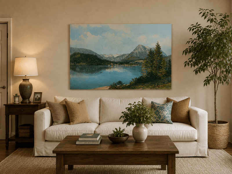 Landscape Oil Painting - Alpine Lake with Pine Trees and Peaks