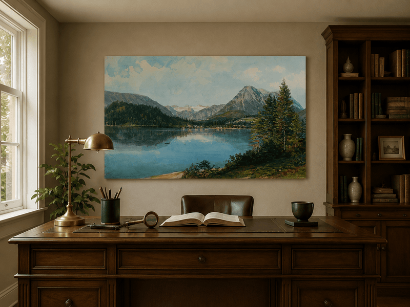 Landscape Oil Painting - Alpine Lake with Pine Trees and Peaks