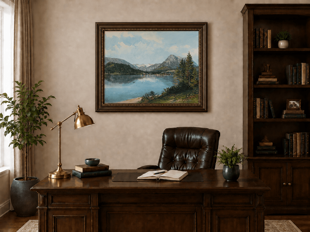 Landscape Oil Painting - Alpine Lake with Pine Trees and Peaks