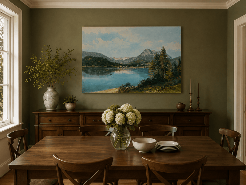 Landscape Oil Painting - Alpine Lake with Pine Trees and Peaks