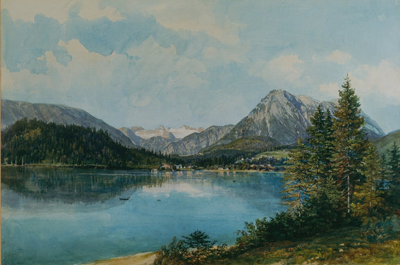 Hand-painted alpine lake with pine trees and peaks landscape oil painting on canvas