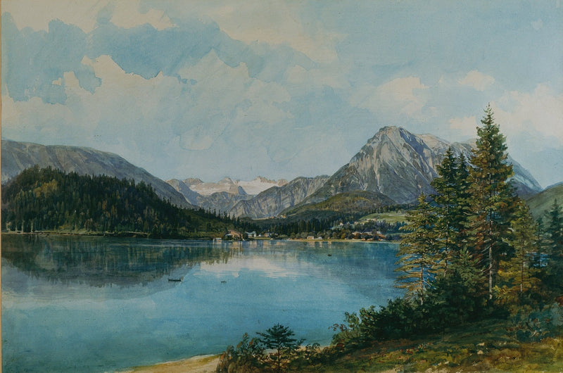 Hand-painted alpine lake with pine trees and peaks landscape oil painting on canvas