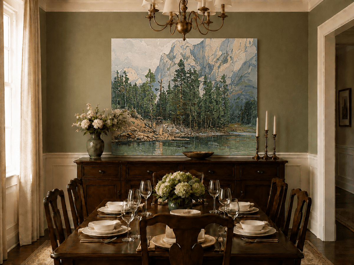 Landscape Oil Painting - Alpine Lake with Pines and Cliffs