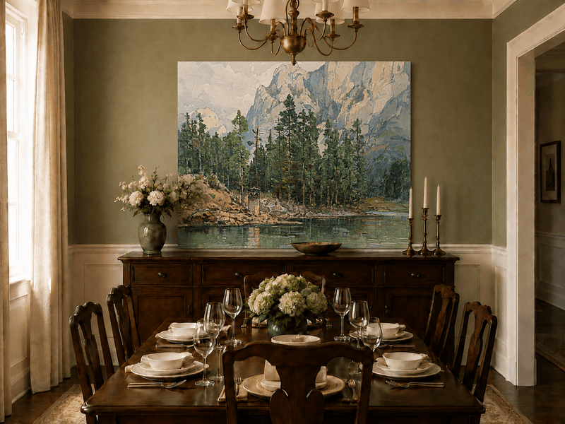 Landscape Oil Painting - Alpine Lake with Pines and Cliffs
