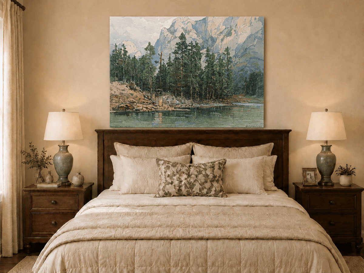 Landscape Oil Painting - Alpine Lake with Pines and Cliffs