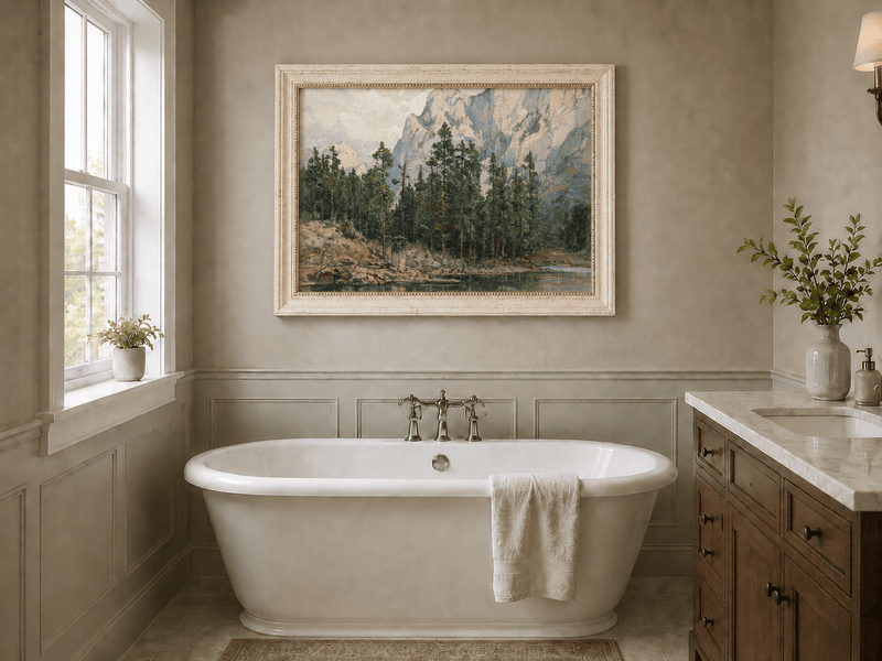 Landscape Oil Painting - Alpine Lake with Pines and Cliffs
