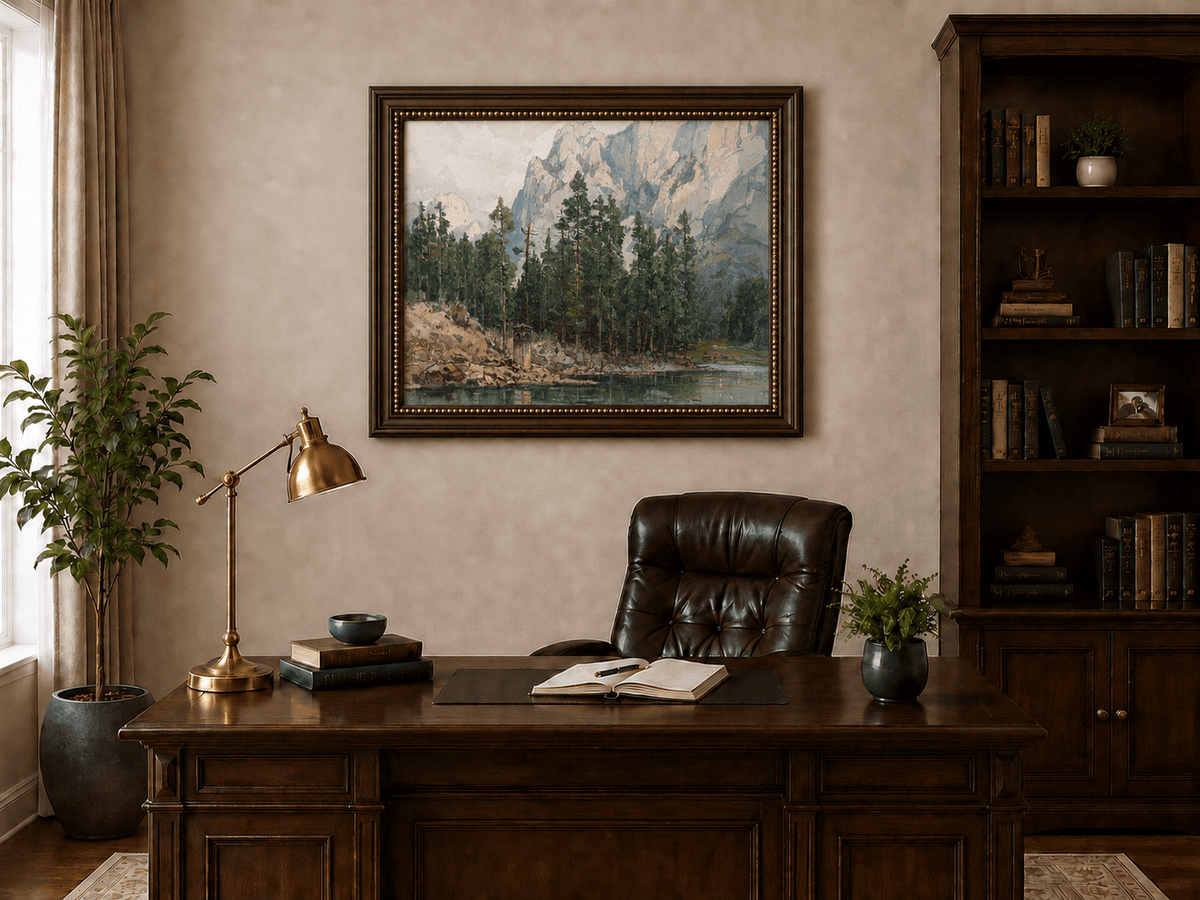 Landscape Oil Painting - Alpine Lake with Pines and Cliffs