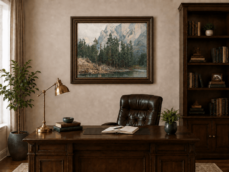 Landscape Oil Painting - Alpine Lake with Pines and Cliffs