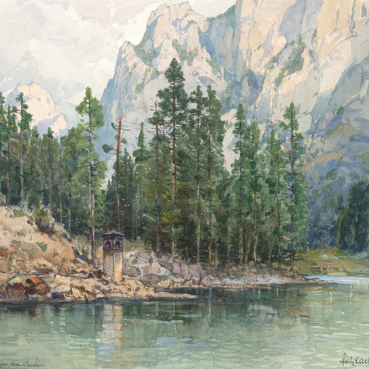 Hand-painted alpine lake with pines and cliffs landscape oil painting on canvas