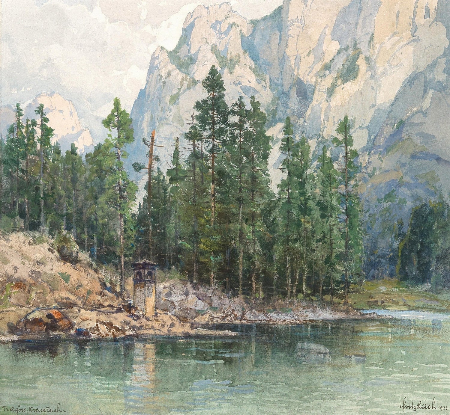 Landscape Oil Painting - Alpine Lake with Pines and Cliffs - Oil Painting Haven