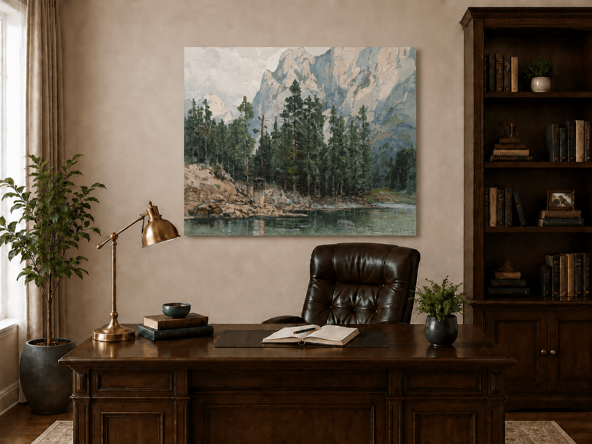 Landscape Oil Painting - Alpine Lake with Pines and Cliffs