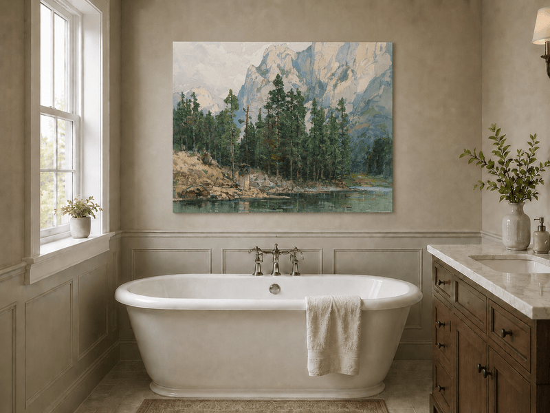 Landscape Oil Painting - Alpine Lake with Pines and Cliffs