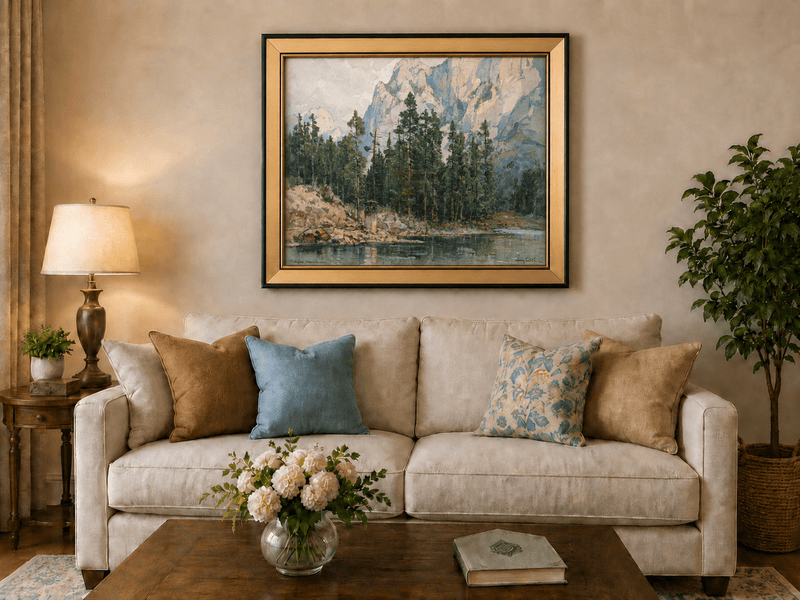 Landscape Oil Painting - Alpine Lake with Pines and Cliffs
