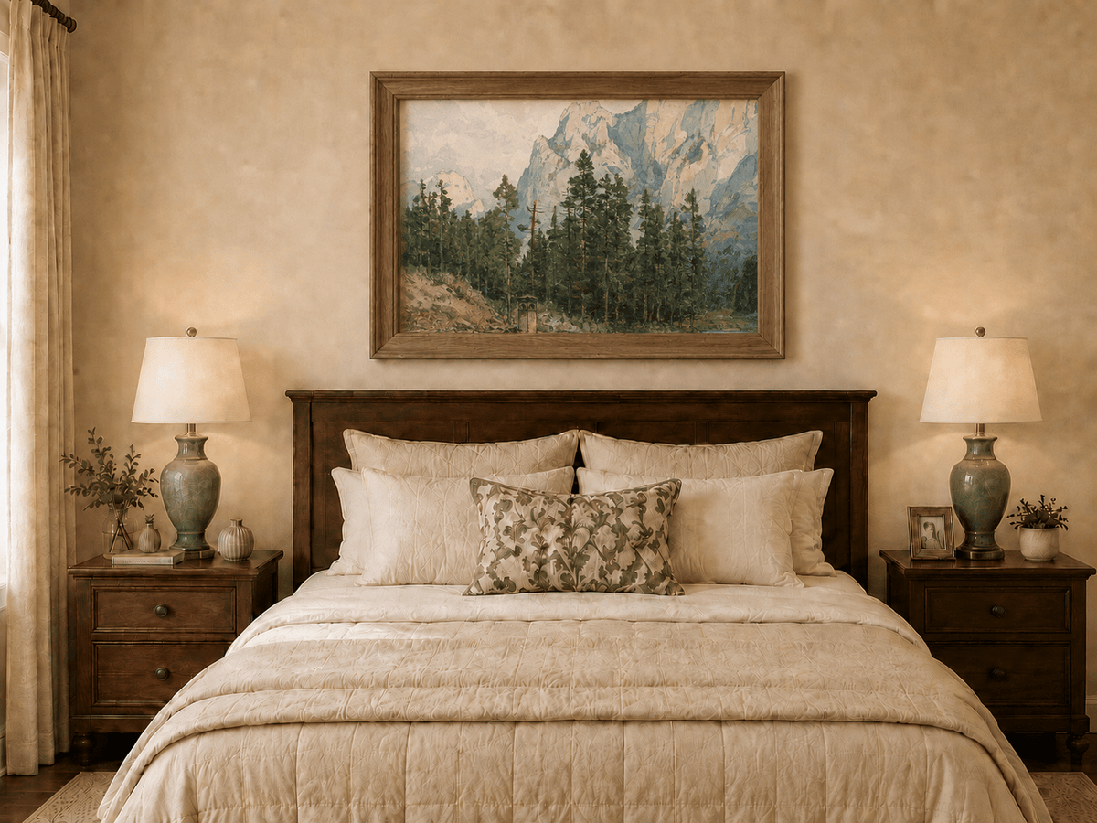 Landscape Oil Painting - Alpine Lake with Pines and Cliffs