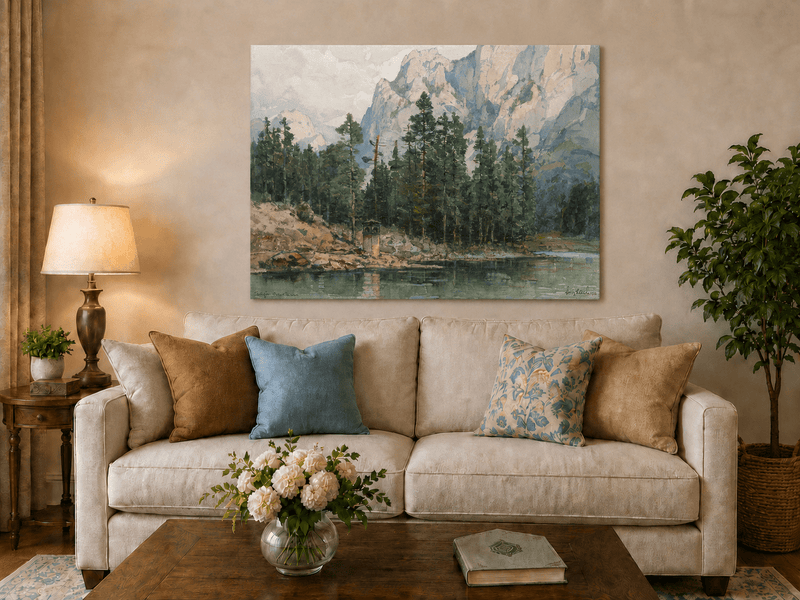 Landscape Oil Painting - Alpine Lake with Pines and Cliffs