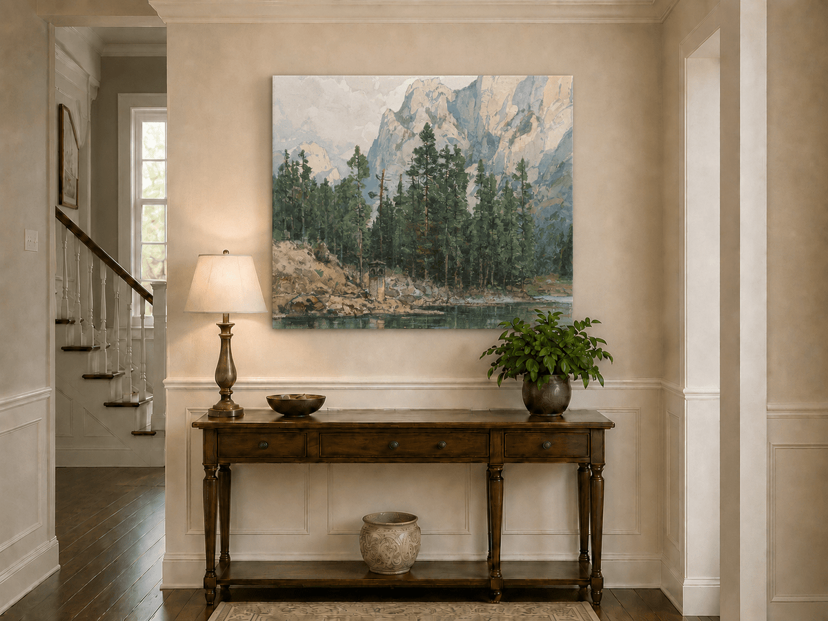 Landscape Oil Painting - Alpine Lake with Pines and Cliffs