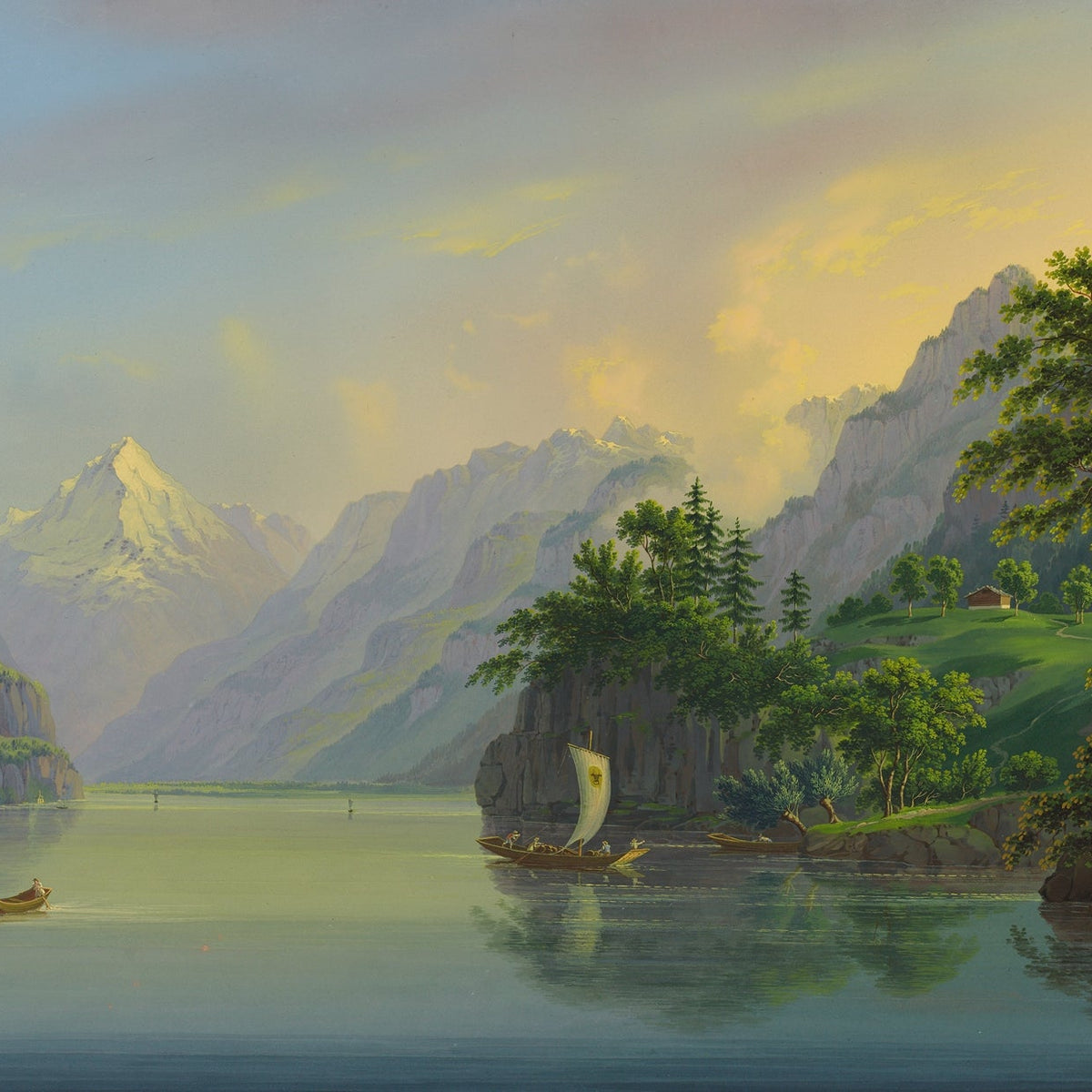 Hand-painted alpine lake with sailboat and peaks landscape oil painting on canvas