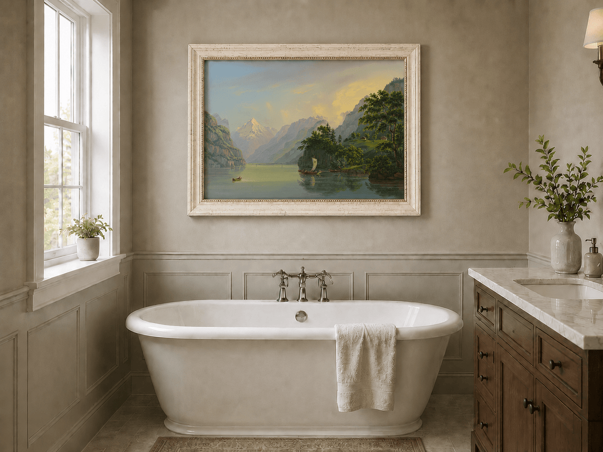 Peinture à l'huile de paysage - Scène de rivière hivernale avec personnages et chevaux