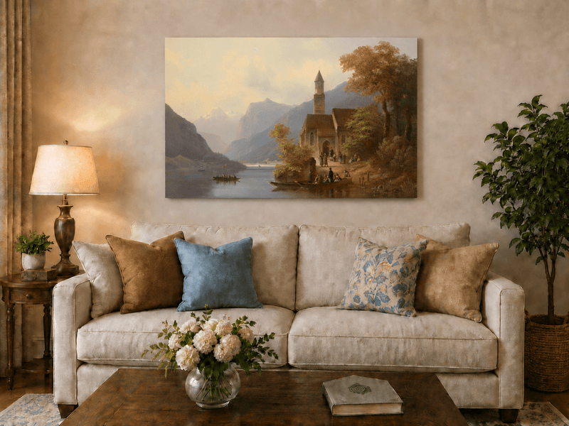 Scène d'église au bord d'un lac alpin | Peinture à l'huile européenne peinte à la main