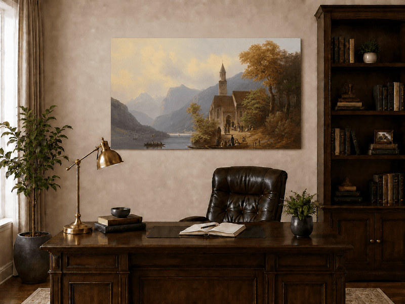 Scène d'église au bord d'un lac alpin | Peinture à l'huile européenne peinte à la main