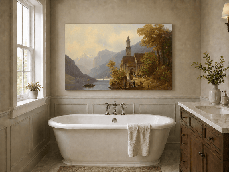 Scène d'église au bord d'un lac alpin | Peinture à l'huile européenne peinte à la main