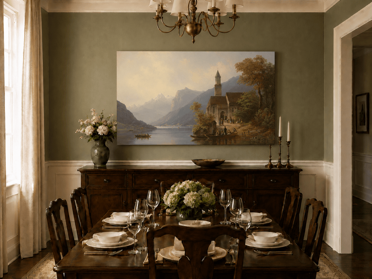 Scène d'église au bord d'un lac alpin | Peinture à l'huile européenne peinte à la main