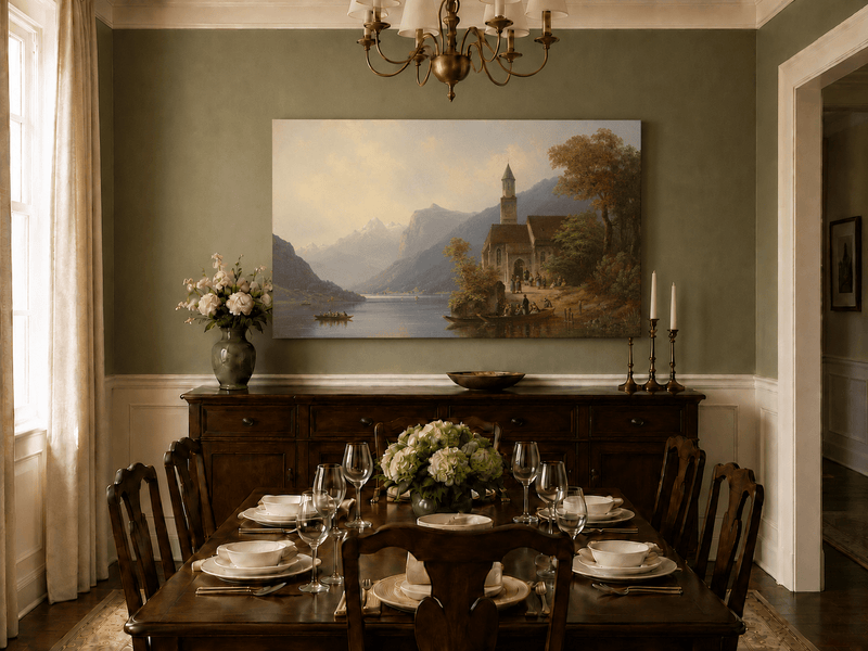 Scène d'église au bord d'un lac alpin | Peinture à l'huile européenne peinte à la main
