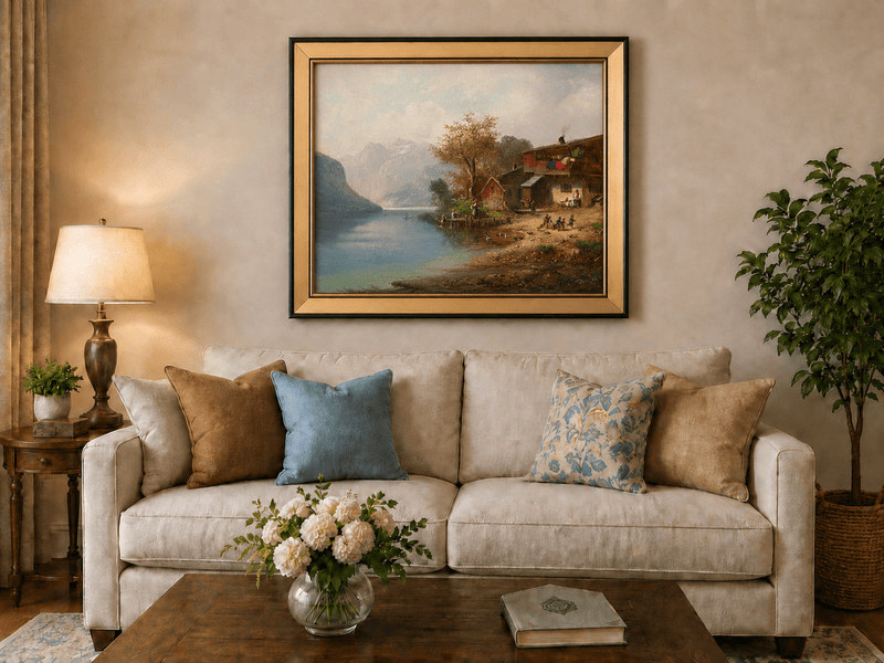 Landscape Oil Painting - Alpine Lakeside Farmhouse Mountain Scene