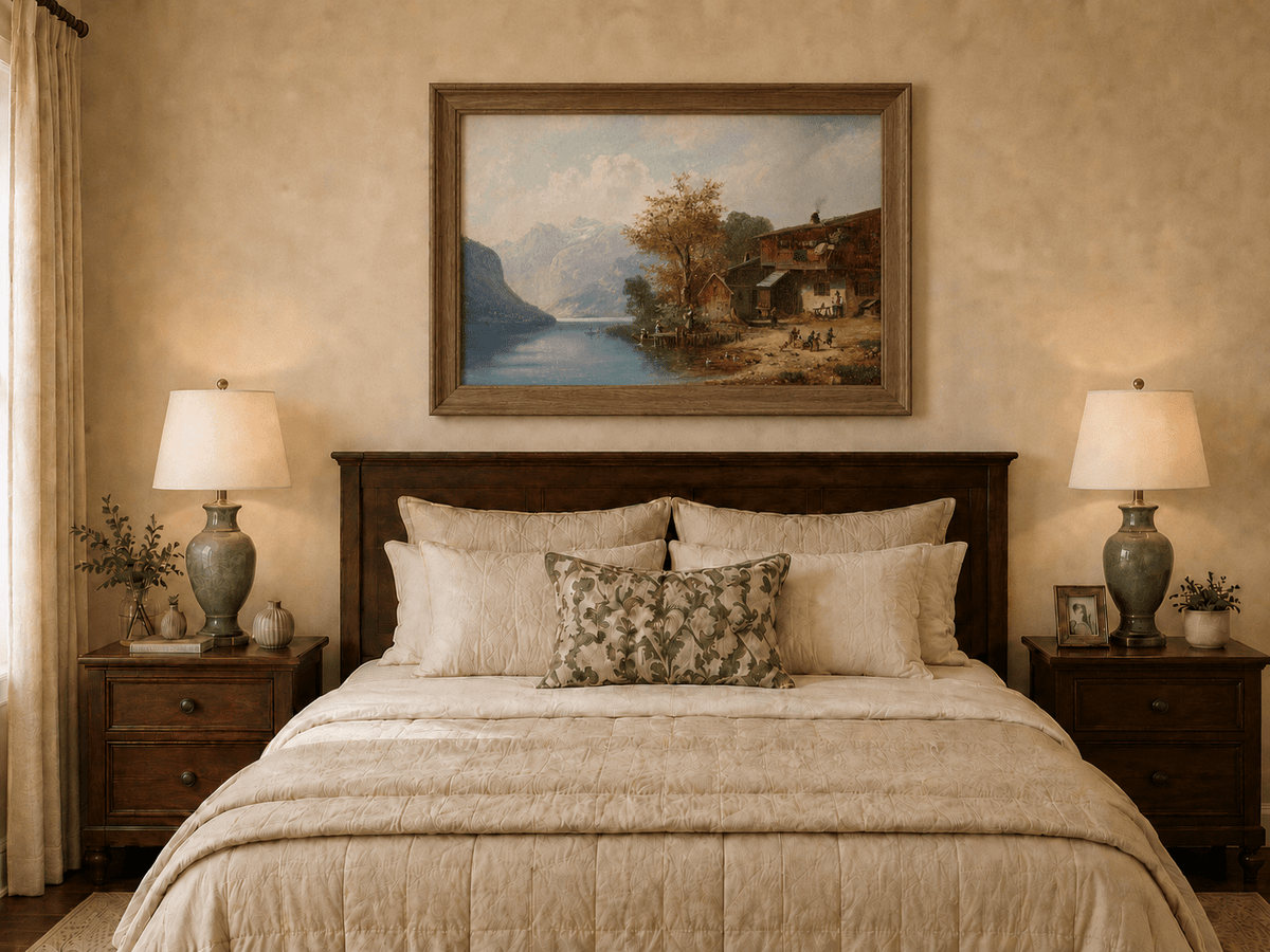 Landscape Oil Painting - Alpine Lakeside Farmhouse Mountain Scene