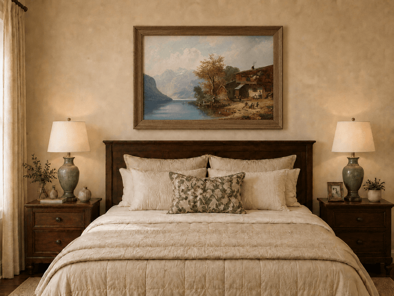 Landscape Oil Painting - Alpine Lakeside Farmhouse Mountain Scene