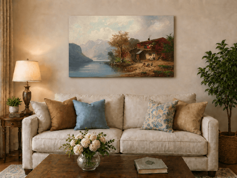Landscape Oil Painting - Alpine Lakeside Farmhouse Mountain Scene