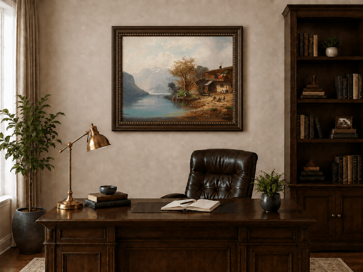 Landscape Oil Painting - Alpine Lakeside Farmhouse Mountain Scene