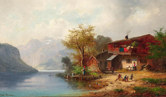Landscape Oil Painting - Alpine Lakeside Farmhouse Mountain Scene - Oil Painting Haven