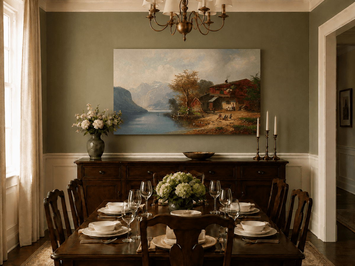 Landscape Oil Painting - Alpine Lakeside Farmhouse Mountain Scene