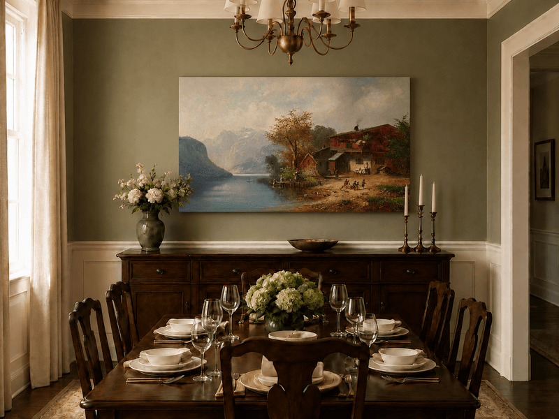 Landscape Oil Painting - Alpine Lakeside Farmhouse Mountain Scene