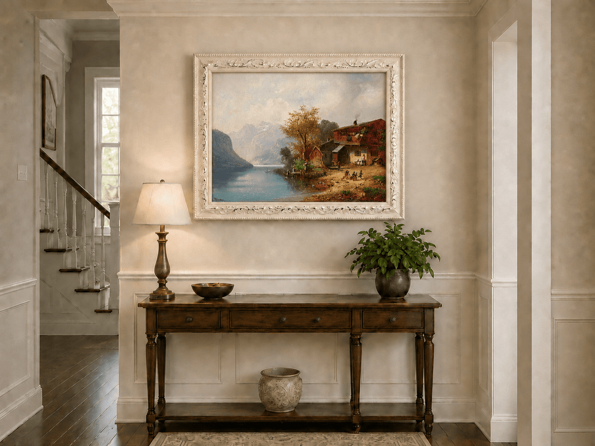 Landscape Oil Painting - Alpine Lakeside Farmhouse Mountain Scene