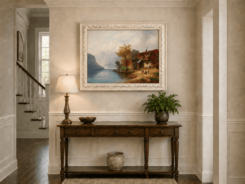 Landscape Oil Painting - Alpine Lakeside Farmhouse Mountain Scene