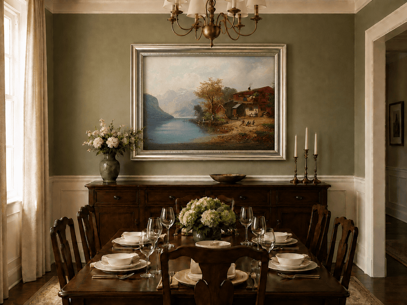 Landscape Oil Painting - Alpine Lakeside Farmhouse Mountain Scene