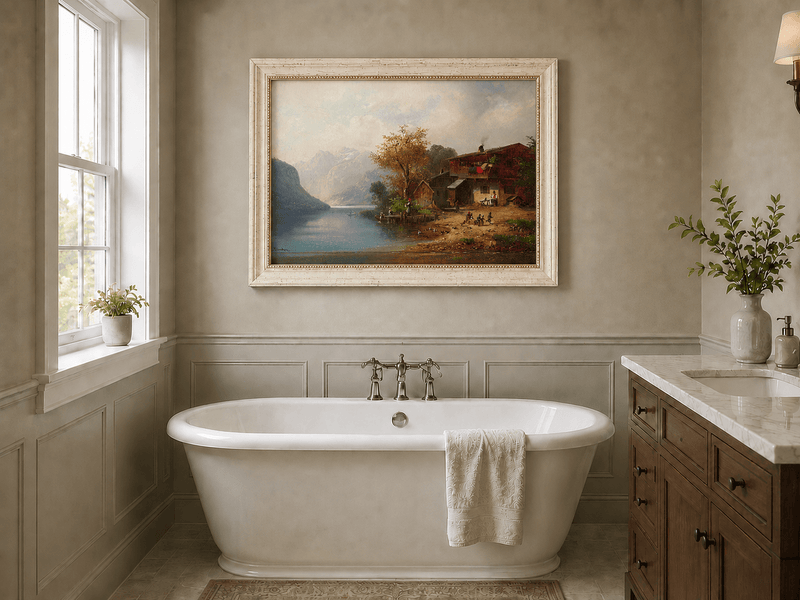 Landscape Oil Painting - Alpine Lakeside Farmhouse Mountain Scene