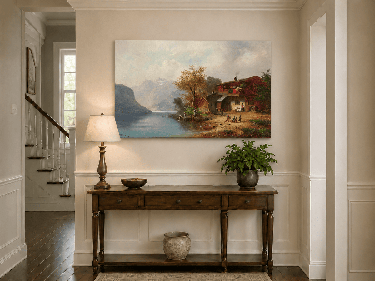 Landscape Oil Painting - Alpine Lakeside Farmhouse Mountain Scene