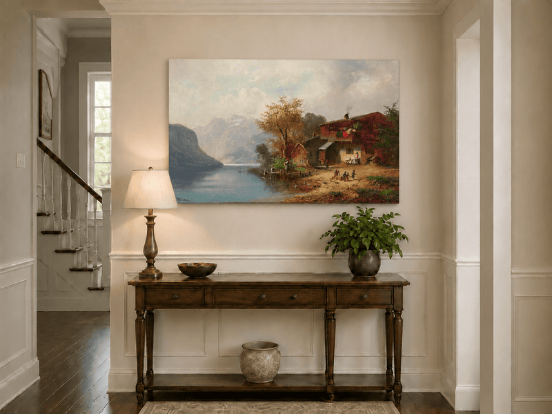 Landscape Oil Painting - Alpine Lakeside Farmhouse Mountain Scene