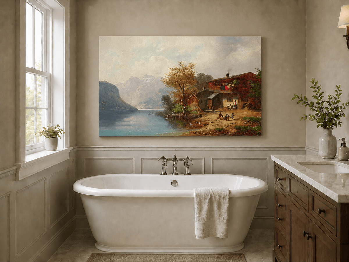 Landscape Oil Painting - Alpine Lakeside Farmhouse Mountain Scene