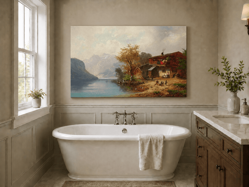 Landscape Oil Painting - Alpine Lakeside Farmhouse Mountain Scene
