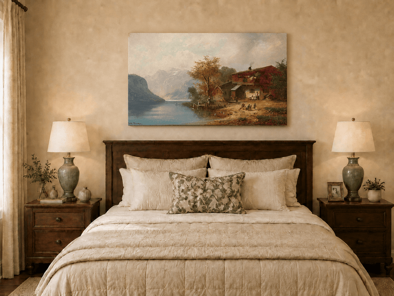 Landscape Oil Painting - Alpine Lakeside Farmhouse Mountain Scene