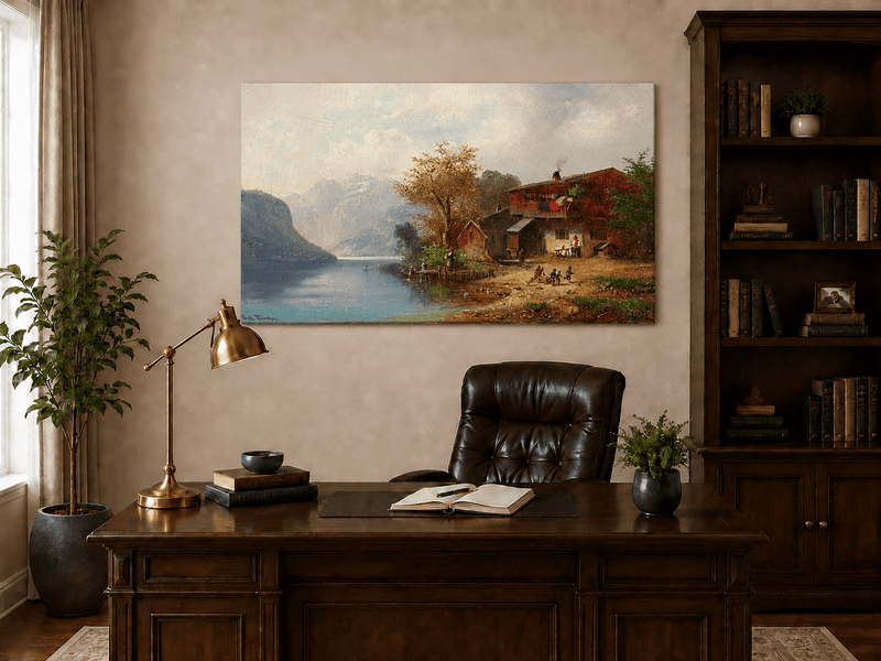 Landscape Oil Painting - Alpine Lakeside Farmhouse Mountain Scene