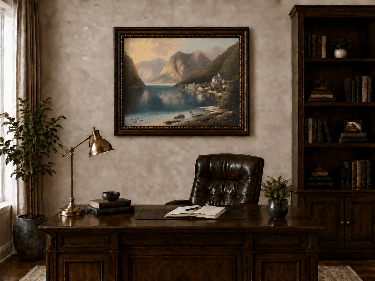 Peinture à l'huile de paysage - Village alpin au bord du lac au crépuscule