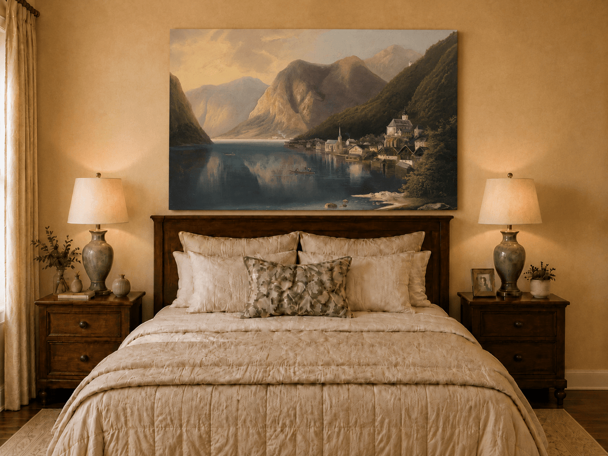 Peinture à l'huile de paysage - Village alpin au bord du lac au crépuscule