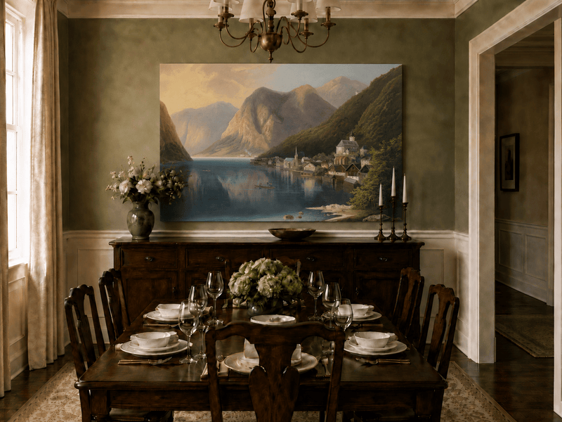 Peinture à l'huile de paysage - Village alpin au bord du lac au crépuscule